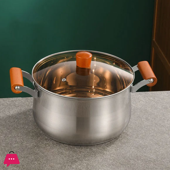 Stainless Steel Cooking Soup Pot Double Bottom with Wooden Handle - 22cm
