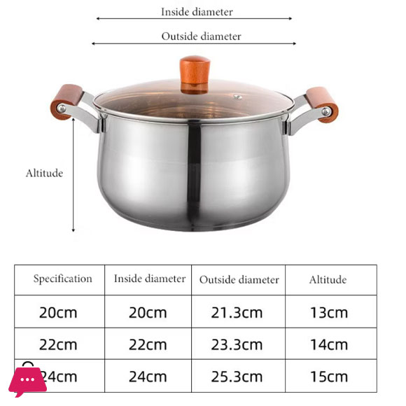 Stainless Steel Cooking Soup Pot Double Bottom with Wooden Handle - 22cm