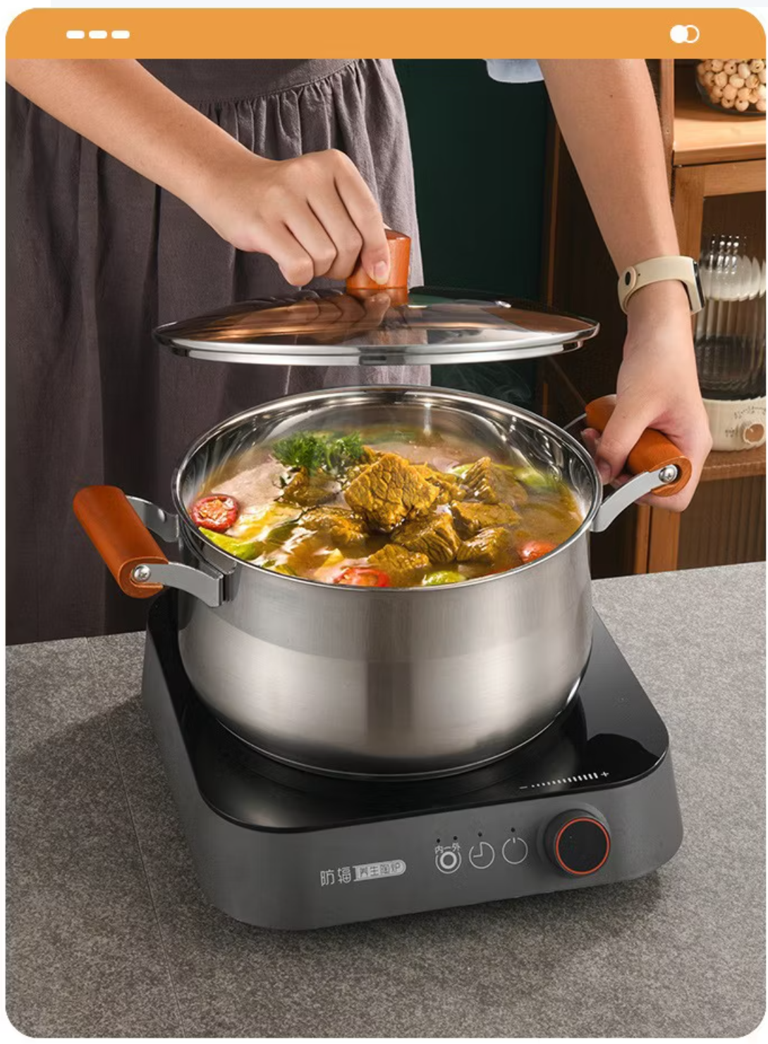 Stainless Steel Cooking Soup Pot Double Bottom with Wooden Handle - 22cm