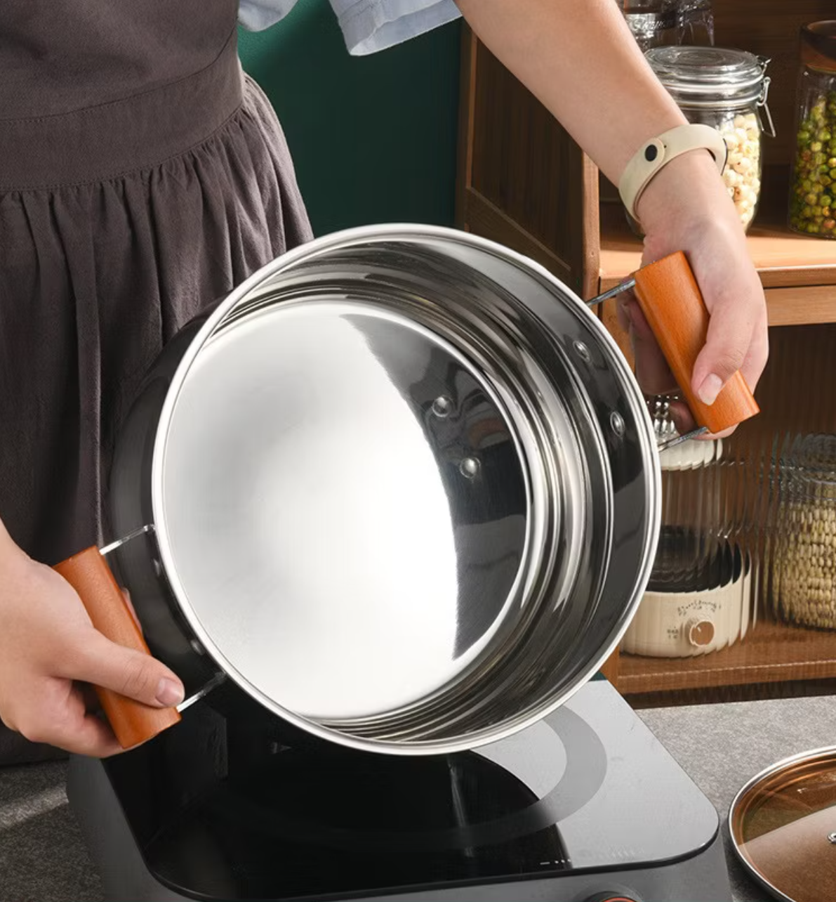 Stainless Steel Cooking Soup Pot Double Bottom with Wooden Handle - 22cm