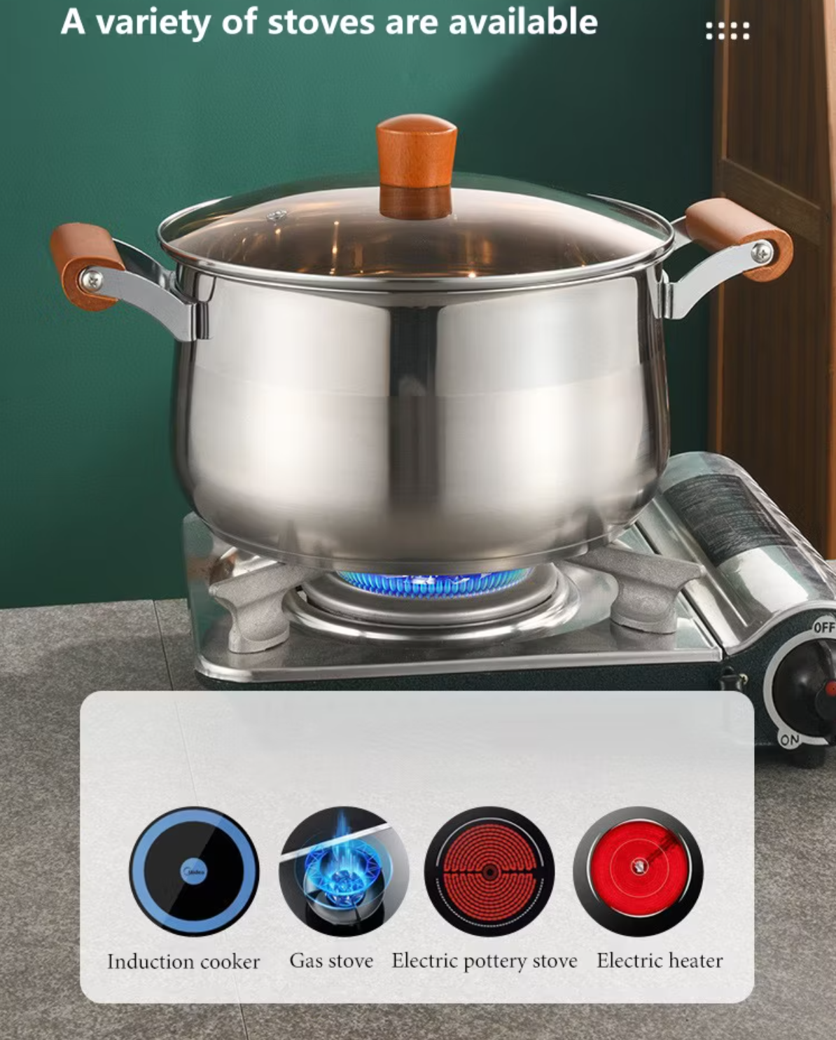 Stainless Steel Cooking Soup Pot Double Bottom with Wooden Handle - 22cm