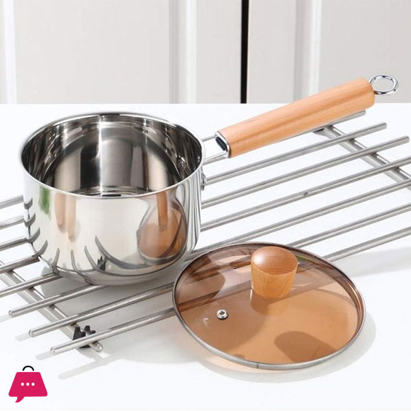 Stainless Steel Sauce Pan With Wooden Handle And Pyrex Glass Lid - 18CM