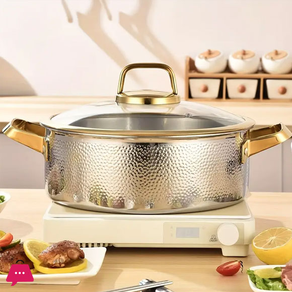 Three-Layer Stainless Steel Cooking Pot 304 Stainless Steel Soup Pot, with a Gold-Edged Glass Lid, Hand-Hammered Textured - 30CM