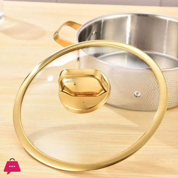 Three-Layer Stainless Steel Cooking Pot 304 Stainless Steel Soup Pot, with a Gold-Edged Glass Lid, Hand-Hammered Textured - 26CM