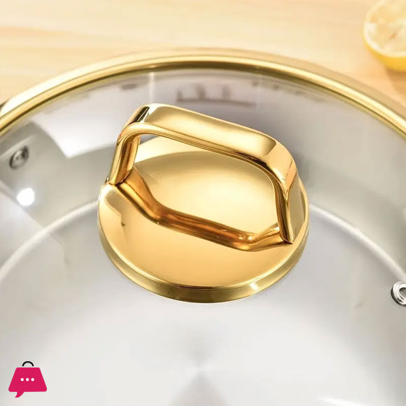 Three-Layer Stainless Steel Cooking Pot 304 Stainless Steel Soup Pot, with a Gold-Edged Glass Lid, Hand-Hammered Textured - 26CM