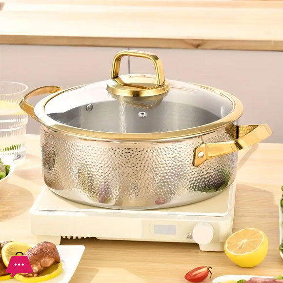 Three-Layer Stainless Steel Cooking Pot 304 Stainless Steel Soup Pot, with a Gold-Edged Glass Lid, Hand-Hammered Textured - 26CM