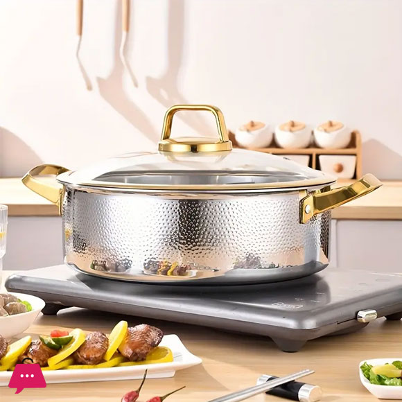 Three-Layer Stainless Steel Cooking Pot 304 Stainless Steel Soup Pot, with a Gold-Edged Glass Lid, Hand-Hammered Textured - 26CM