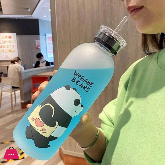 1000ml We Bare Bear Water Bottle Panda Cup Transparent Water Bottle Drinkware Cup Frosted Plastic Water Bottle with Straw Leak-proof