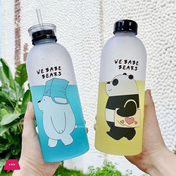 1000ml We Bare Bear Water Bottle Panda Cup Transparent Water Bottle Drinkware Cup Frosted Plastic Water Bottle with Straw Leak-proof