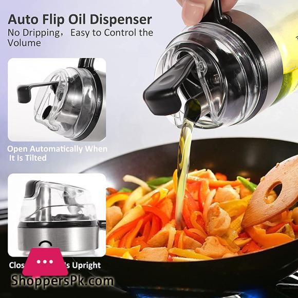 550ML Olive Oil Dispenser Bottle with Rubber Base - Glass Oil & Vinegar Cruet with No-drip Pourers, Easy Refill and Cleaning