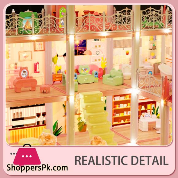 Luxury DIY Dollhouse Castle Playset with Lights, Slide & Furniture – Multilevel Dream House for Kids