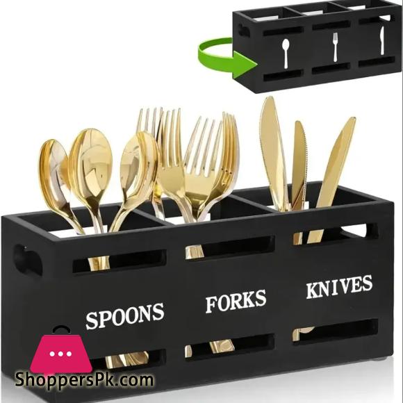 Spoon Caddy Wood Utensil Caddy with 3 Compartments Fork Spoon Holder
