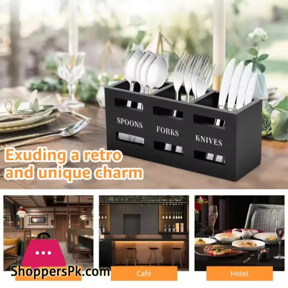 Spoon Caddy Wood Utensil Caddy with 3 Compartments Fork Spoon Holder
