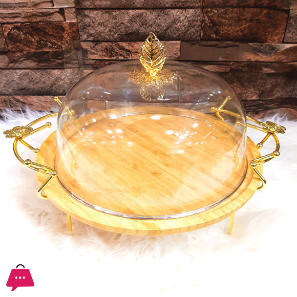 Bamboo Dish with Metal Stand & Plastic Cover-Golden Stand Cake Dish with Cover