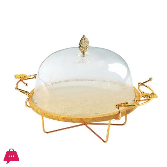Bamboo Dish with Metal Stand & Plastic Cover-Golden Stand Cake Dish with Cover