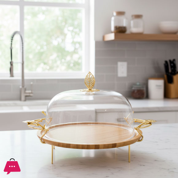 Bamboo Dish with Metal Stand & Plastic Cover-Golden Stand Cake Dish with Cover