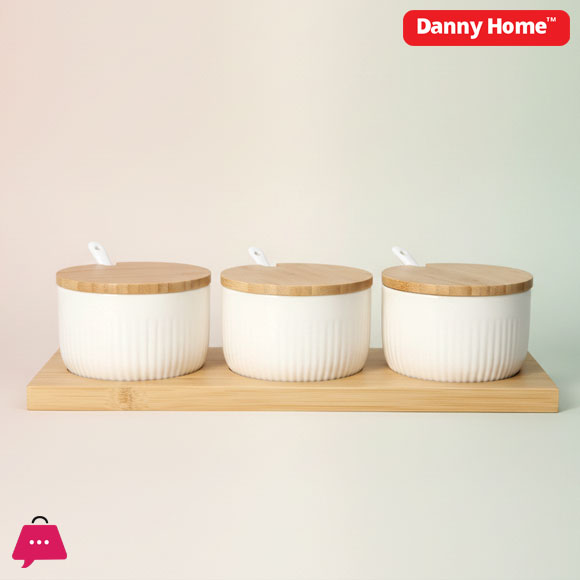 Danny Home Bamboo Tray & Ceramic Bowls with Spoons