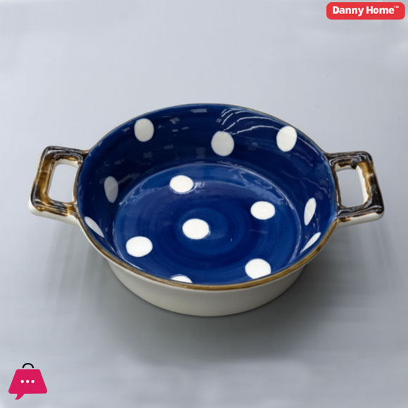 Danny Home Ceramic White Dot Design Blue & White Serving Dish - 7.75Inch