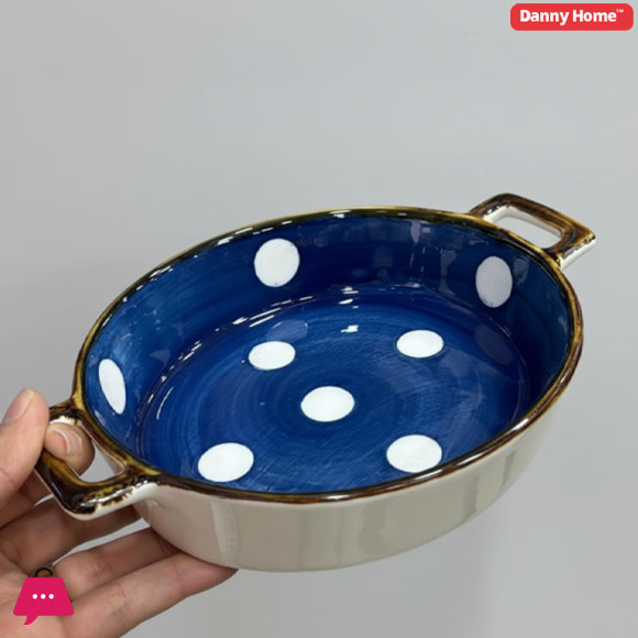 Danny Home Ceramic White Dot Design Blue & White Serving Dish - 7.75Inch