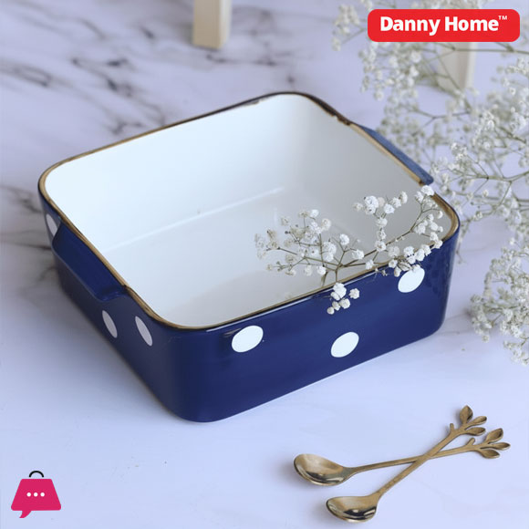 Danny Home Ceramic White Dot Design Blue & White Serving Dish 9 - Inch