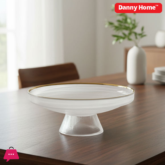 Danny Home White Alabaster Bowl With Stand With Gold Rim - 13inch