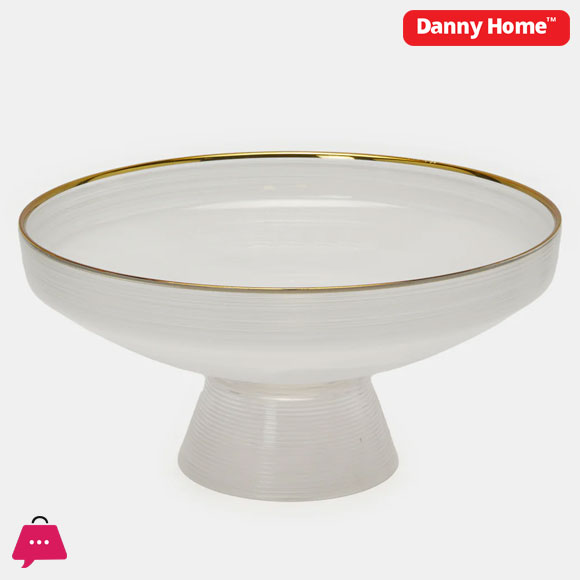 Danny Home White Alabaster Bowl With Stand With Gold Rim - 13inch