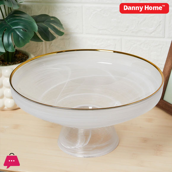Danny Home White Alabaster Bowl With Stand With Gold Rim - 13inch