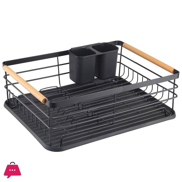 Metal Dish Rack with Drip Tray, Dish Drainer and Removable Cutlery holder - Black