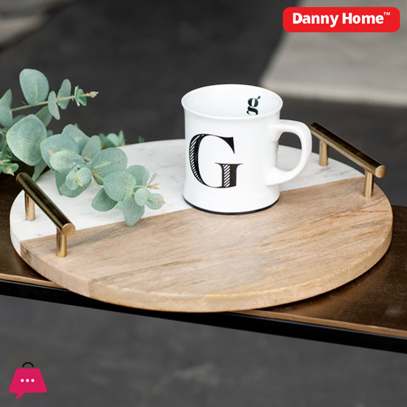 Marble Acacia Wooden Round Serving Platter With Handle 25CM