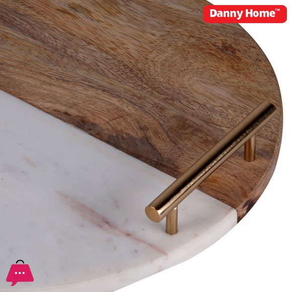 Marble Acacia Wooden Round Serving Platter With Handle 25CM