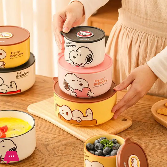 Snoopy Bowl Three Piece Set Crisper Box Child Cartoon Snoopy Ceramics Fresh Bowl with Lid Suit Girl Tableware Lunch Box Gift Box