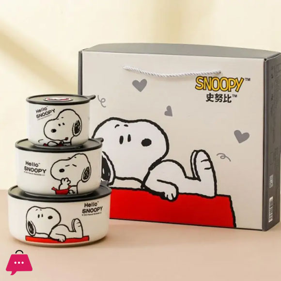 Snoopy Bowl Three Piece Set Crisper Box Child Cartoon Snoopy Ceramics Fresh Bowl with Lid Suit Girl Tableware Lunch Box Gift Box