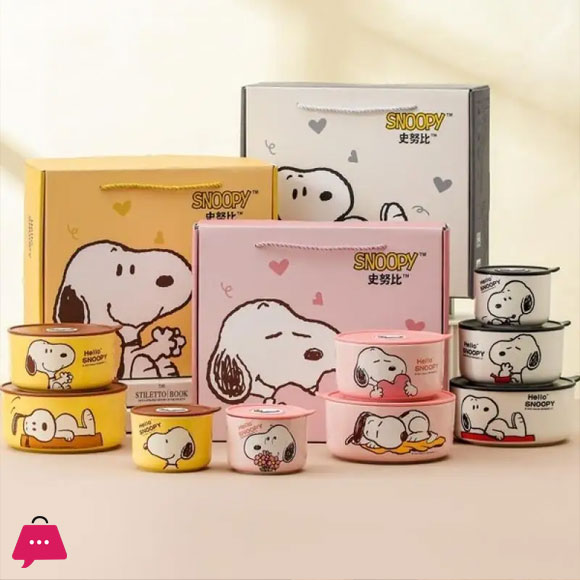 Snoopy Bowl Three Piece Set Crisper Box Child Cartoon Snoopy Ceramics Fresh Bowl with Lid Suit Girl Tableware Lunch Box Gift Box