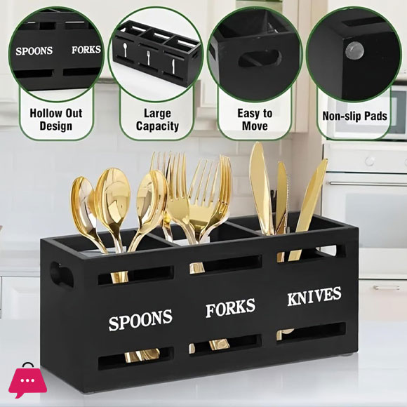 Spoon Caddy Wood Utensil Caddy with 3 Compartments Fork Spoon Holder