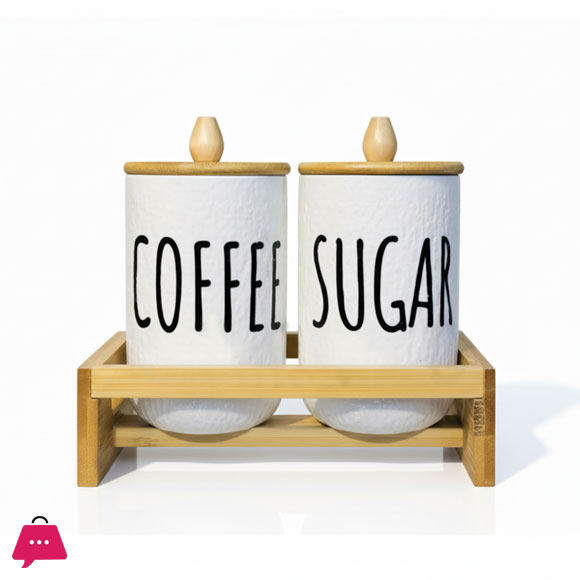 2-Piece Airtight Coffee & Sugar Ceramic Jar Set with Bamboo Rack - 1000g