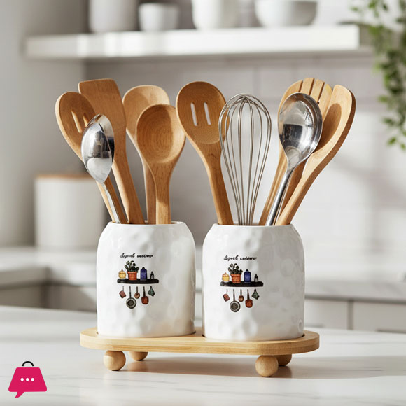 2-Piece Spoon Organizer with Bamboo Stand Elegant & Functional Kitchen Storage