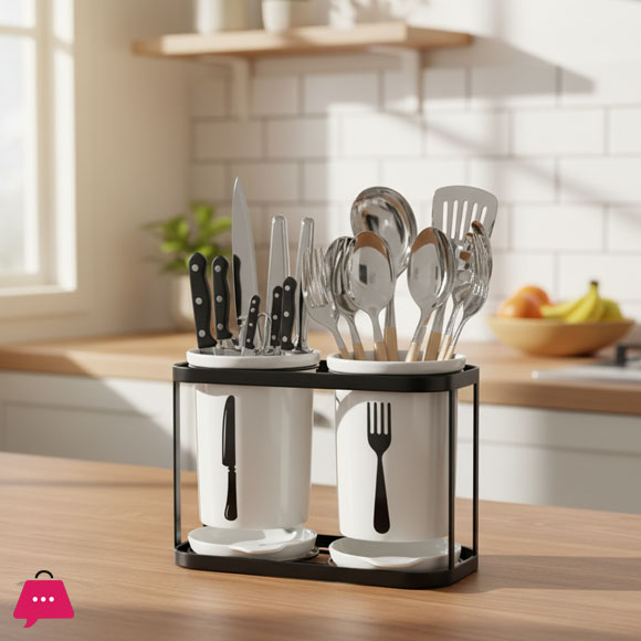 2-Piece Spoon Organizer with Metallic Rack & Water Drainage Premium Kitchen Spoon Holder