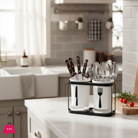 2-Piece Spoon Organizer with Metallic Rack & Water Drainage Premium Kitchen Spoon Holder