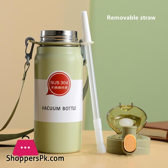304 Sport Vacuum Flask With Straw Portable Thermos Mug With Strap 600ML