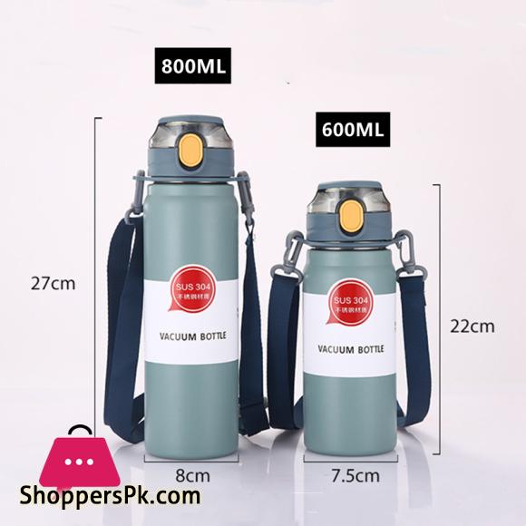 304 Sport Vacuum Flask With Straw Portable Thermos Mug With Strap 600ML
