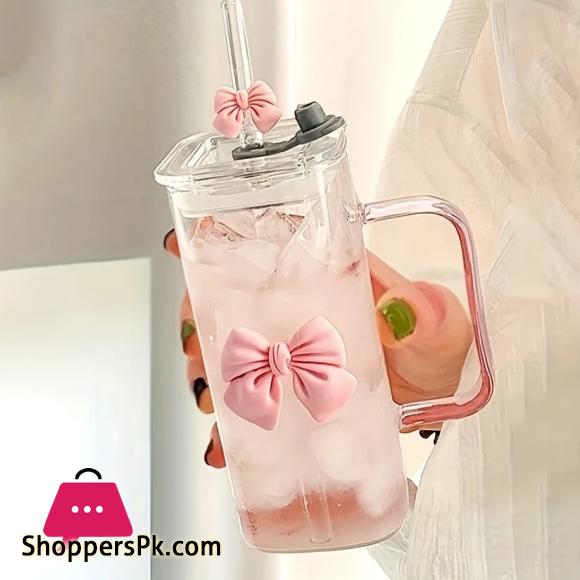 400mL Glass Tumbler with Straw & Handle