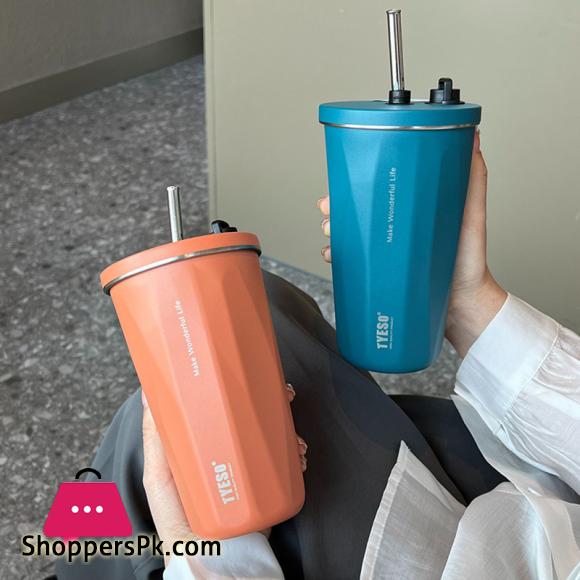 600ML Insulated Coffee Cup With Straw Stainless Steel Iced Coffee Mug Tea Cold Drink Bottle Diamond Shaped Thermos Mug Tumbler