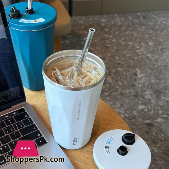 600ML Insulated Coffee Cup With Straw Stainless Steel Iced Coffee Mug Tea Cold Drink Bottle Diamond Shaped Thermos Mug Tumbler