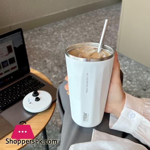 600ML Insulated Coffee Cup With Straw Stainless Steel Iced Coffee Mug Tea Cold Drink Bottle Diamond Shaped Thermos Mug Tumbler