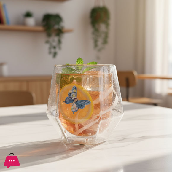 Double Wall Dried Ribbon Glass with Embossed Butterfly 250ml