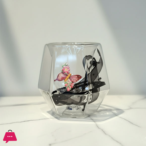 Double Wall Dried Ribbon Glass with Embossed Butterfly 250ml