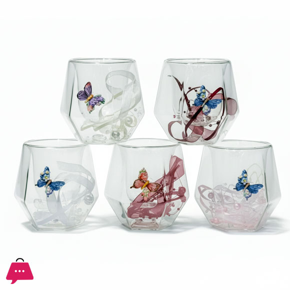 Double Wall Dried Ribbon Glass with Embossed Butterfly 250ml