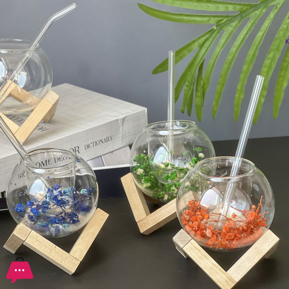 Globe Shape Iced Tea Glass with Wooden Stand Elegant & Aesthetic Drinkware - 250ml