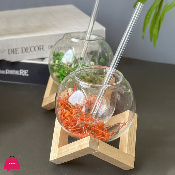 Globe Shape Iced Tea Glass with Wooden Stand Elegant & Aesthetic Drinkware - 250ml