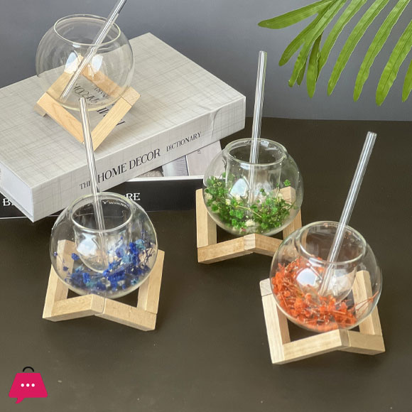 Globe Shape Iced Tea Glass with Wooden Stand Elegant & Aesthetic Drinkware - 250ml